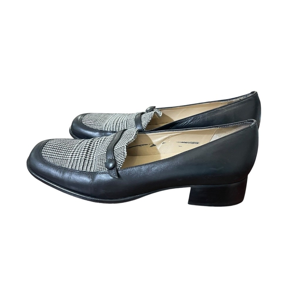 Vtg Talbots Square-Toe Leather Loafers Sz 7 N Block Heel Houndstooth Academia